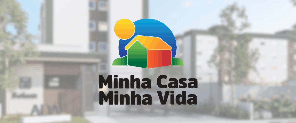 imagem de empreendimento desfocada no fundo com o logo do programa minha casa minha vida centralizado na frente da imagem